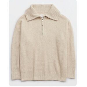 Aerie CozyUp Waffle Quarter Zip Sweater - Heather Fawn - Size Medium